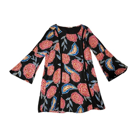 Roxy Bell Sleeve Floral Print Shift Dress-M Boho Sheer Net Lace Inset - Picture 3 of 12